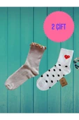 2 ÇİFT FIRFIRLI JAKARLI SOKET KADIN LİKRALI PAMUKLU KAHVE ve KALPLİ KOLEJ BEYAZ ÇORAP 36-40 thumbnail 1