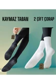 2 ÇİFT YOGA PİLATES ÇORABI KADIN SİLİKON KAYMAZ TABAN PAMUK SOKET TENİS ÇORAP ALTI HAVLU SİYAH BEYAZ thumbnail 1