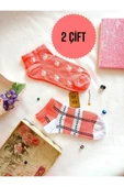 2 ÇİFT BURUN DİKİŞSİZ PAMUKLU ÇORAP KISA KONÇ DESENLİ KADIN PATİK ÇORABI 36-40 PEMBE BEYAZ thumbnail 1