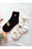 2 ÇİFT PAMUKLU KOKULU TEDDY KADIN ÇORAP YUMUŞAK DİKİŞSİZ AYICIK DESEN EKRU VE SİYAH ARA KONÇ 36 40 thumbnail 3