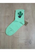 Dikişsiz Kaktüs Desenli Pamuklu Yumuşak Çorap Kaktüslü Arakonç Kadın Yeşil Soket Çorabı 36-40 thumbnail 1