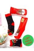 2 ÇİFT TERMAL SOKET  YILBAŞI HAVLU YUMUŞAK HEDİYE KIŞLIK KADIN ÇORABI KIRMIZI SİYAH ÇORAP 36-40 thumbnail 1