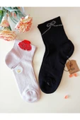 2 ÇİFT PAMUKLU DİKİŞSİZ GÜLTAŞLI KOKULU LİKRA LASTİKSİZ KISAKONÇ ÇORAP PEMBE SİYAH KADIN ÇORABI 3640 thumbnail 6