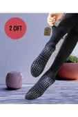 2 ÇİFT YOGA PİLATES ÇORABI KADIN SİLİKON KAYMAZ TABAN PAMUKLU SOKET TENİS ÇORAP ALTI HAVLULU SİYAH thumbnail 1
