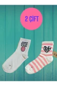 2 ÇİFT KALP DESENLİ ÇİZGİLİ PAMUKLU YUMUŞAK ÇORAP ARAKONÇ KADIN KREM PEMBE KREM SOKET ÇORABI 36-40 thumbnail 1
