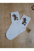 Jerry Hayvan Desenli Pamuklu Çorap Arakonç Kadın Beyaz Soket Dikişsiz Çorap 36-40 thumbnail 3