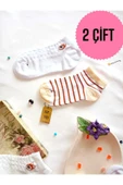 2 ÇİFT PATİK ÇORAP DİKİŞSİZ PAMUKLU KISA KONÇ DESENLİ KADIN ÇORABI 36-40 BEYAZ ÇİZGİLİ thumbnail 1