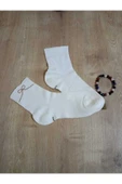 KURDELE TAŞLI LASTİKSİZ KOKULU LİKRALI KISAKONÇ  ÇORAP DİKİŞSİZ PAMUKLU EKRU KADIN ÇORABI 36-40 thumbnail 2
