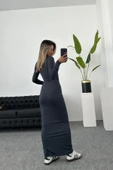 Khar Antrasit Uzun Kollu Maxi Bisiklet Yaka Elbise thumbnail 3