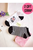 2 ÇİFT DİKİŞSİZ PATİK ÇORAP PAMUKLU KISA KONÇ DESENLİ KADIN ÇORABI 36-40 SİYAH BEYAZ thumbnail 1