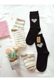 2 ÇİFT DİKİŞSİZ SOKET ÇORABI YUMUŞAK KADIN KREM(PAMUK) SİYAH(BAMBU SİMLİ KALPLİ)ÇORAP 36-40 thumbnail 3