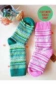 2 ÇİFT KALIN KIŞLIK YUMUŞAK ÇORAP YILBAŞI MOTİF ETNİK DESENLİ KADIN ÇORABI YEŞİL PEMBE 36-40 thumbnail 1
