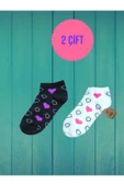 2 ÇİFT PATİK KALP DESENLİ KALPLİ KADIN ÇORABI PAMUKLU KISAKONÇ SİYAH BEYAZ ÇORAP 36-40 thumbnail 1
