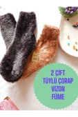 Tüylü Çorap 2 Çift Kışlık Termal Patik Erkek Kadın Dikişsiz Ev-parti Çorabı Vizon Füme 36-41. thumbnail 1