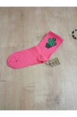 Dikişsiz Kaktüs Desenli Pamuklu Yumuşak Çorap Kaktüslü Arakonç Kadın Pembe Soket Çorabı 36-40 thumbnail 2