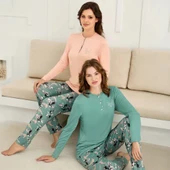 Rozalinda 3923 Kadın Kışlık Ön Üç Düğmeli O-Yaka Büyük Beden Pijama Takım thumbnail 3