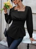 MDB Kadın Uzun Kollu Geometrik Yakalı Belden Oturmalı Ithal Krep Bluz thumbnail 2