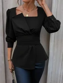 MDB Kadın Uzun Kollu Geometrik Yakalı Belden Oturmalı Ithal Krep Bluz thumbnail 1