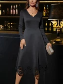 MDB Kadın Uzun Kollu V Yakalı Lazer Kesim Detaylı Midi Ithal Krep Elbise thumbnail 2