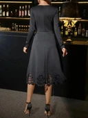 MDB Kadın Uzun Kollu V Yakalı Lazer Kesim Detaylı Midi Ithal Krep Elbise thumbnail 4