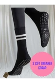 2 ÇİFT PİLATES YOGA ÇORABI KADIN KAYMAZ SİLİKON TABAN PAMUKLU SOKET TENİS ÇORAP ALTI HAVLULU SİYAH thumbnail 1