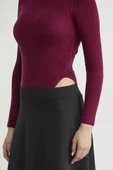 Yarım Balıkçı Fitilli Bodysuit Triko Kazak - Bordo thumbnail 3
