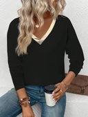 MDB Kadın Uzun Kollu V Parlak Yaka Detaylı Viskon Bluz thumbnail 3