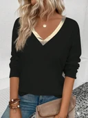 MDB Kadın Uzun Kollu V Parlak Yaka Detaylı Viskon Bluz thumbnail 1