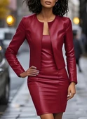 Kadın Uzun Kollu önü Açık Deri Ceket Ve Askılı Yuvarlak Yakalı Mini Elbise Ikili Takım thumbnail 2