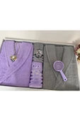 Çeyizlik Aile Bornoz Seti 4 Parça Lila - Gri thumbnail 4