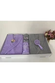 Çeyizlik Aile Bornoz Seti 4 Parça Lila - Gri thumbnail 1