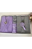 Çeyizlik Aile Bornoz Seti 4 Parça Lila - Gri thumbnail 2