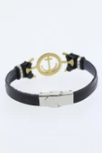 Gold Renk Deniz Çapası Figürlü Metal Aksesuarlı Siyah Renk Deri Erkek Bileklik thumbnail 2
