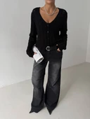 Küçük düğmeli küçük örgülü triko hırka siyah thumbnail 2