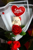 TEKLİ AYICIK BUKETİ & GÜL & SENİ SEVİYORUM KARTI Yıldönümü Doğum Gününe Özel Sevgiliye Hediye thumbnail 3