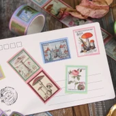 Vintage Washi Tape Bant Baskılı Yapışkanlı Maskeleme Kağıdı Desenli Bant 10'lu - Mavi Pul Mektup thumbnail 3