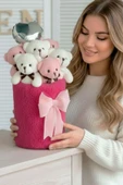 Deluxe Fuşya Peluş Silindir Kutuda, Kalpli Balonlu 6’lı Pembe Ayıcık Buketi - Sevdiğine Hediye thumbnail 3