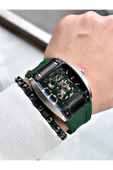 Fiesta Yeşil Renk Spor Silikon Kare Çelik Kasa Otomatik Business Erkek Kol Saati + BİLEKLİK thumbnail 2