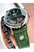 Fiesta Yeşil Renk Çift Türbünlü Deri Kordon Business Otomatik Erkek Kol Saati + BİLEKLİK thumbnail 2