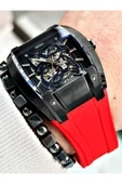 Fiesta Kırmızı Renk Spor Silikon Kare Çelik Kasa Otomatik Business Erkek Kol Saati + BİLEKLİK thumbnail 4
