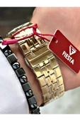 Fiesta Altın Renk Klasik Sade Çelik Safir Cam Lüx Çelik Business Erkek Kol Saati + BİLEKLİK HEDİYELİ thumbnail 5