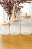 Akkoyunlu home 3 Boy Bambu Kapaklı Vakumlu Çizgili Cam Kavanoz Bahartlık Seti (500-750-1000 ml) thumbnail 2