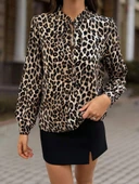 MDB Kadın Uzun Kollu Yakadan Bağcıklı Leopar Desenli Süprem Bluz thumbnail 2