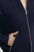 Yünlü Dik Yaka Fermuarlı Triko Hırka - Lacivert thumbnail 5