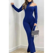 Lucky Life Kadın Tek Omuzdan Açık Balıkçı Yaka Taş Detaylı Uzun Ithal Krep Tulum thumbnail 2