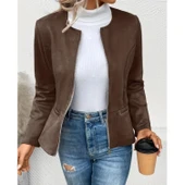 Lucky Life Kadın Uzun Kollu Yuvarlak Yaka önden Fermuarlı Süet Ceket thumbnail 1