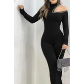 Lucky Life Kadın Tek Omuzdan Açık Balıkçı Yaka Taş Detaylı Uzun Ithal Krep Tulum thumbnail 1