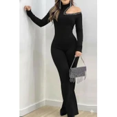 Lucky Life Kadın Tek Omuzdan Açık Balıkçı Yaka Taş Detaylı Uzun Ithal Krep Tulum thumbnail 2