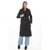 Premium Kaşe Kaban Uzun Boy, Balık Sırtı Yünlü Kaşmir Dokuma, Kruvaze Kuşaklı Astarlı - Siyah thumbnail 7