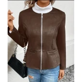 Lucky Life Kadın Uzun Kollu Yuvarlak Yaka önden Fermuarlı Süet Ceket thumbnail 3